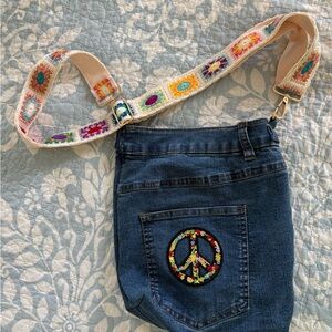 Denim Jeans Crossbody Bag with Peace Sign Patch